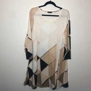 Lily By Firmiana Long Sleeve Geometric Dress - Beige & Black & White - L